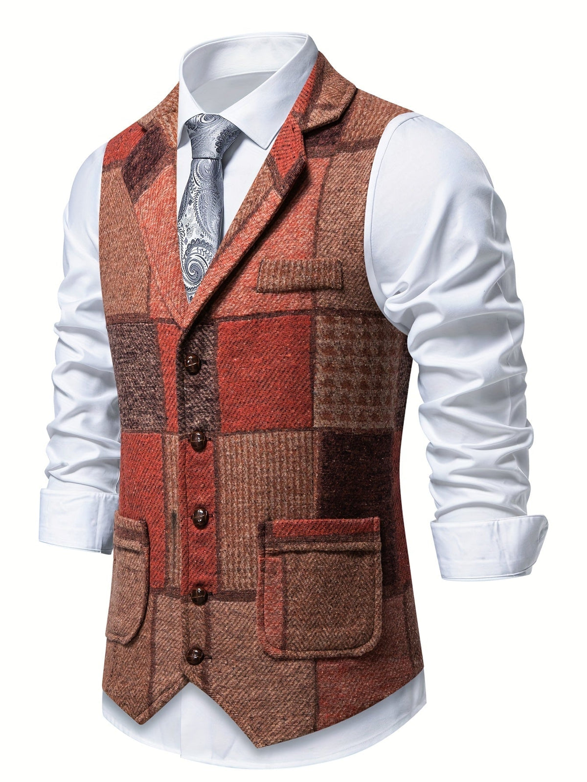 Men's Formal Tweed-Effect Vest with Adjustable Fit and Button Closure