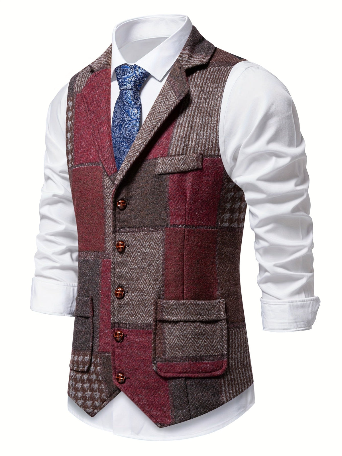 Men's Formal Tweed-Effect Vest with Adjustable Fit and Button Closure
