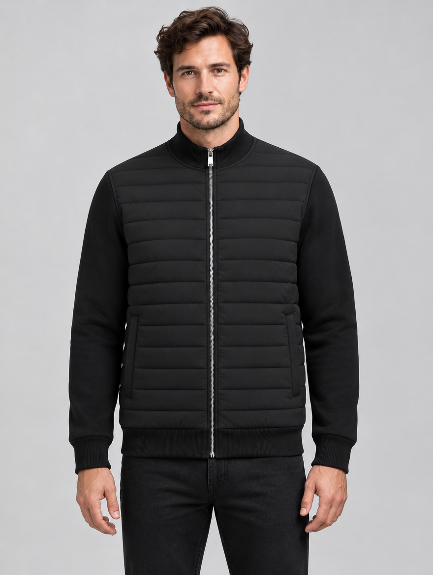 Men’s Quilted Hybrid Jacket with Knit Sleeves and Zip Front