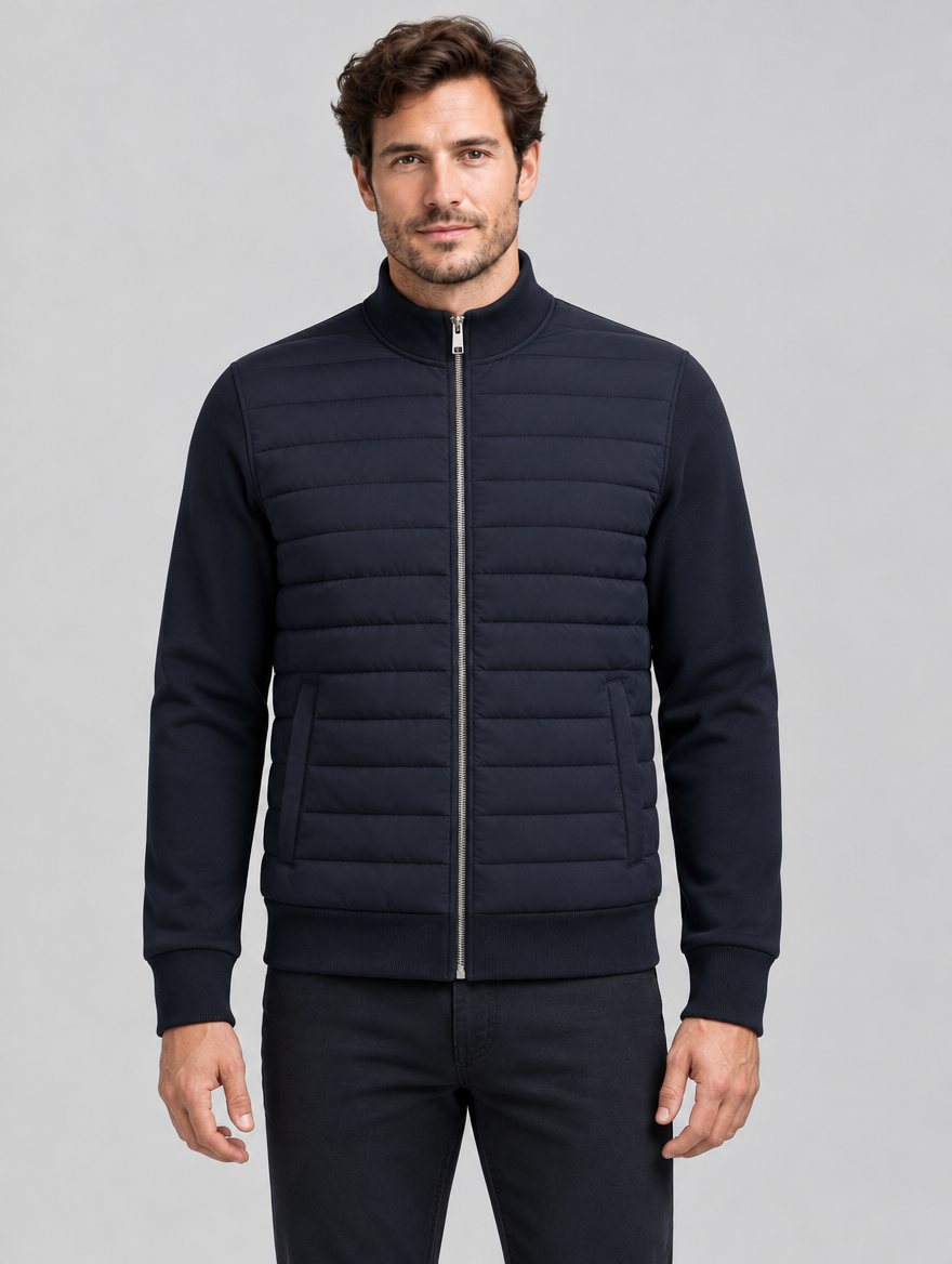 Men’s Quilted Hybrid Jacket with Knit Sleeves and Zip Front