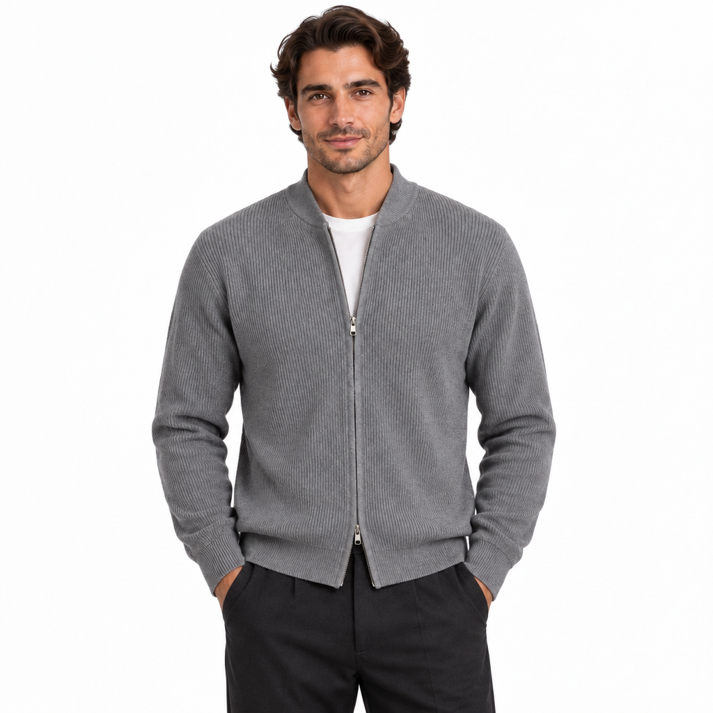 Men's Ribbed Zip Cardigan with Long Sleeves