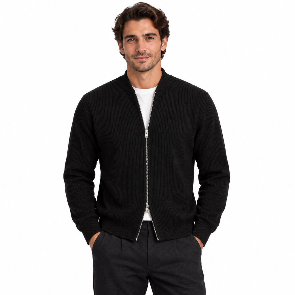 Men's Ribbed Zip Cardigan with Long Sleeves