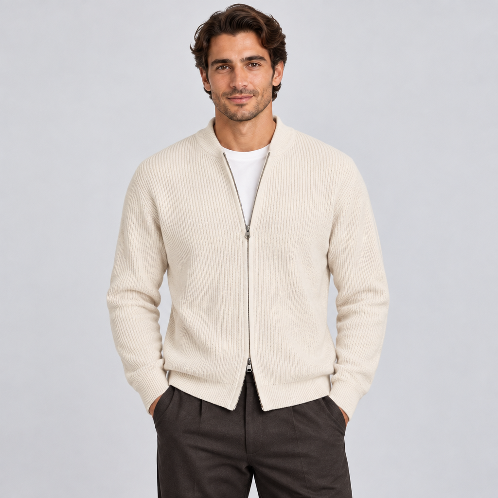 Men's Ribbed Zip Cardigan with Long Sleeves