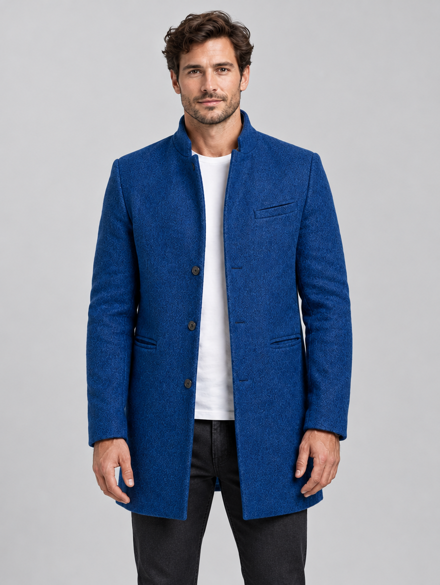 Men's Stand Collar Wool Coat, Single-Breasted, Mid-Length