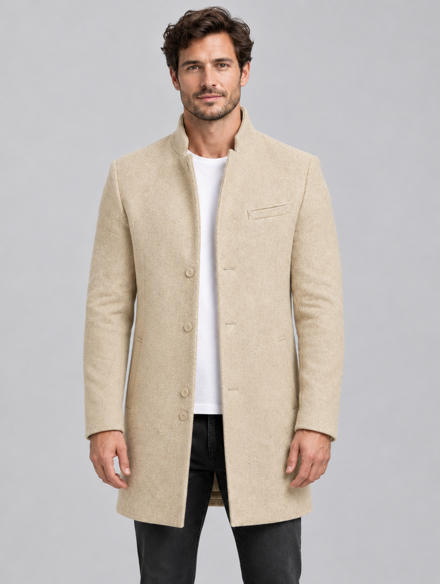 Men's Tailored Wool Blend Stand Collar Overcoat - Mid-Length