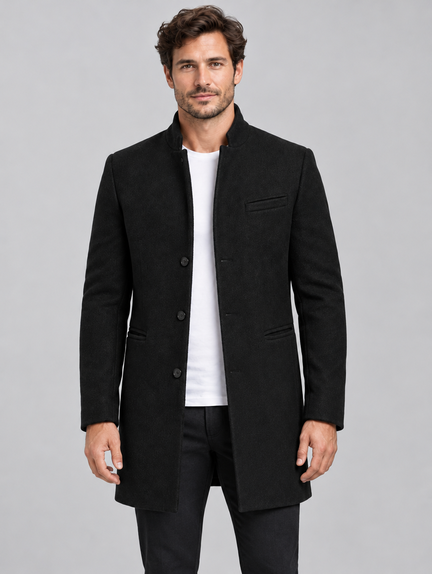 Men's Tailored Wool Blend Stand Collar Overcoat - Mid-Length