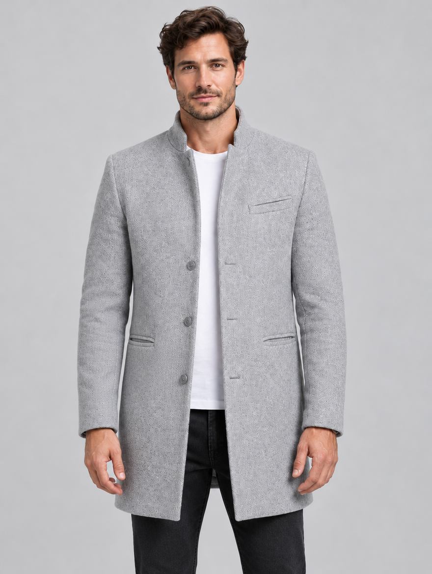 Men's Tailored Wool Blend Stand Collar Overcoat - Mid-Length
