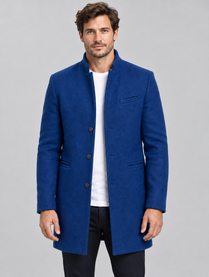Men's Tailored Wool Blend Stand Collar Overcoat - Mid-Length