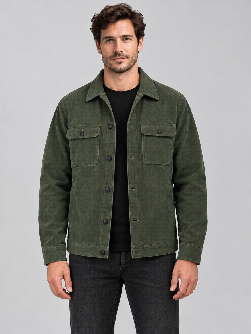 Men's Textured Corduroy Work Jacket with Multi-Pockets