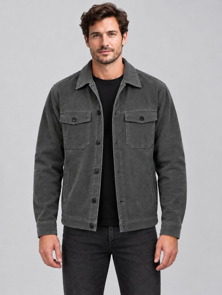 Men's Textured Corduroy Work Jacket with Multi-Pockets