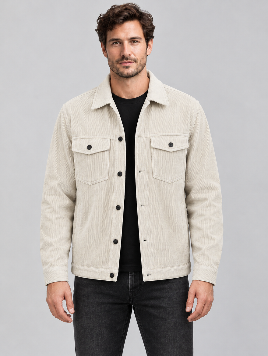 Men's Textured Corduroy Work Jacket with Multi-Pockets