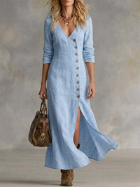 Patricia | Boho V-Neck Button Front Maxi Dress with Front Split