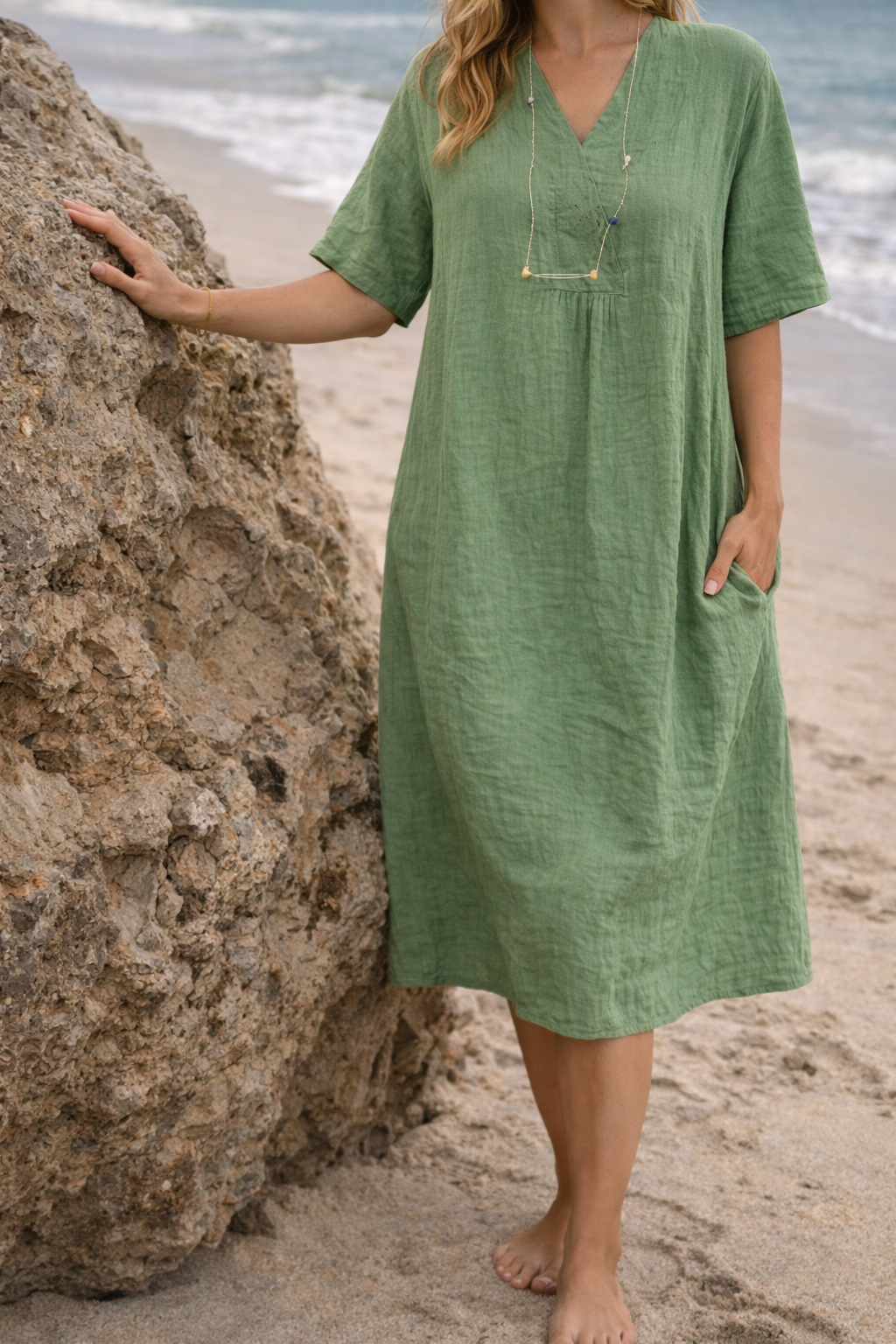 Patricia | Linen Blend V-Neck Midi Dress with Pockets