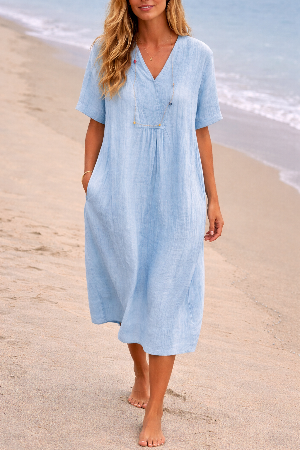 Patricia | Linen Blend V-Neck Midi Dress with Pockets