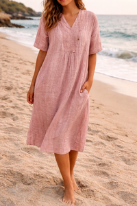 Patricia | Linen Blend V-Neck Midi Dress with Pockets