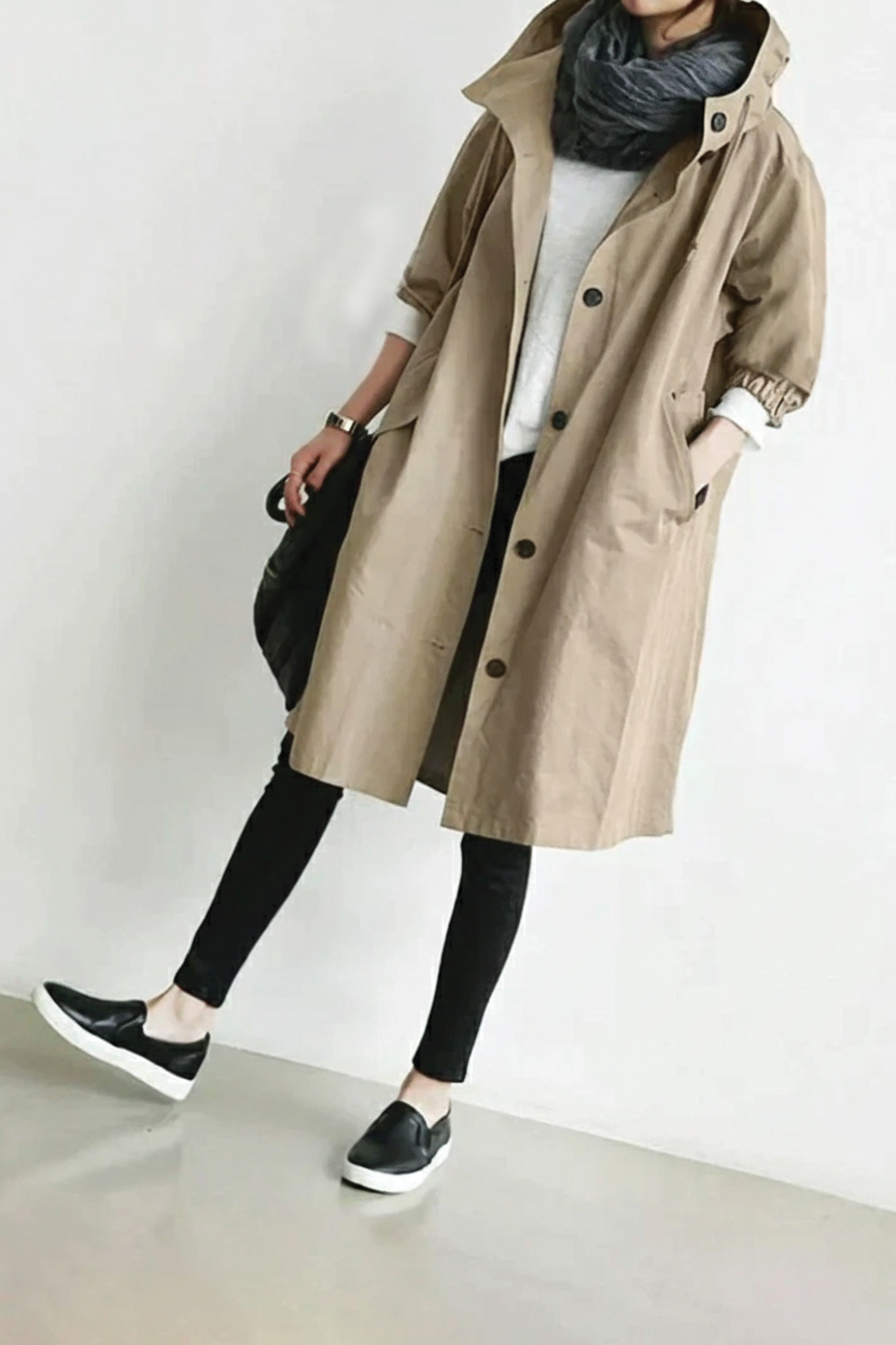 Relaxed Hooded Trench Coat with Puff Sleeves and Button Closure