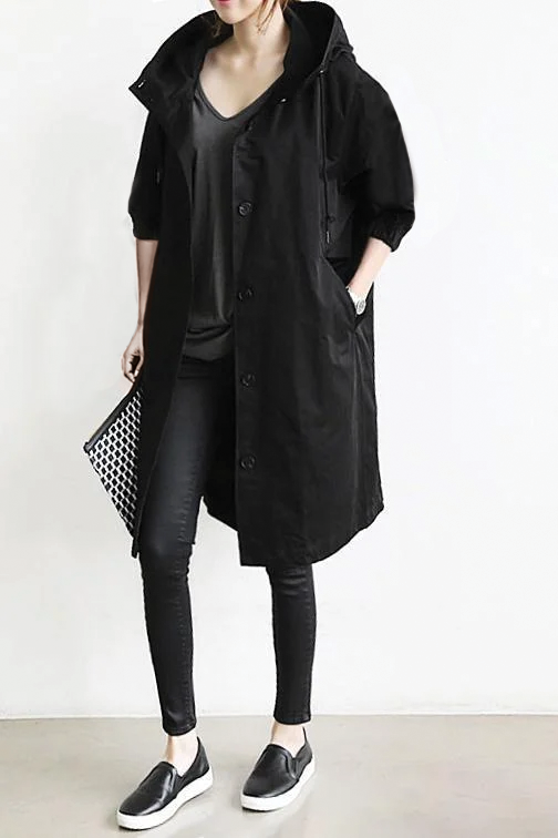 Relaxed Hooded Trench Coat with Puff Sleeves and Button Closure