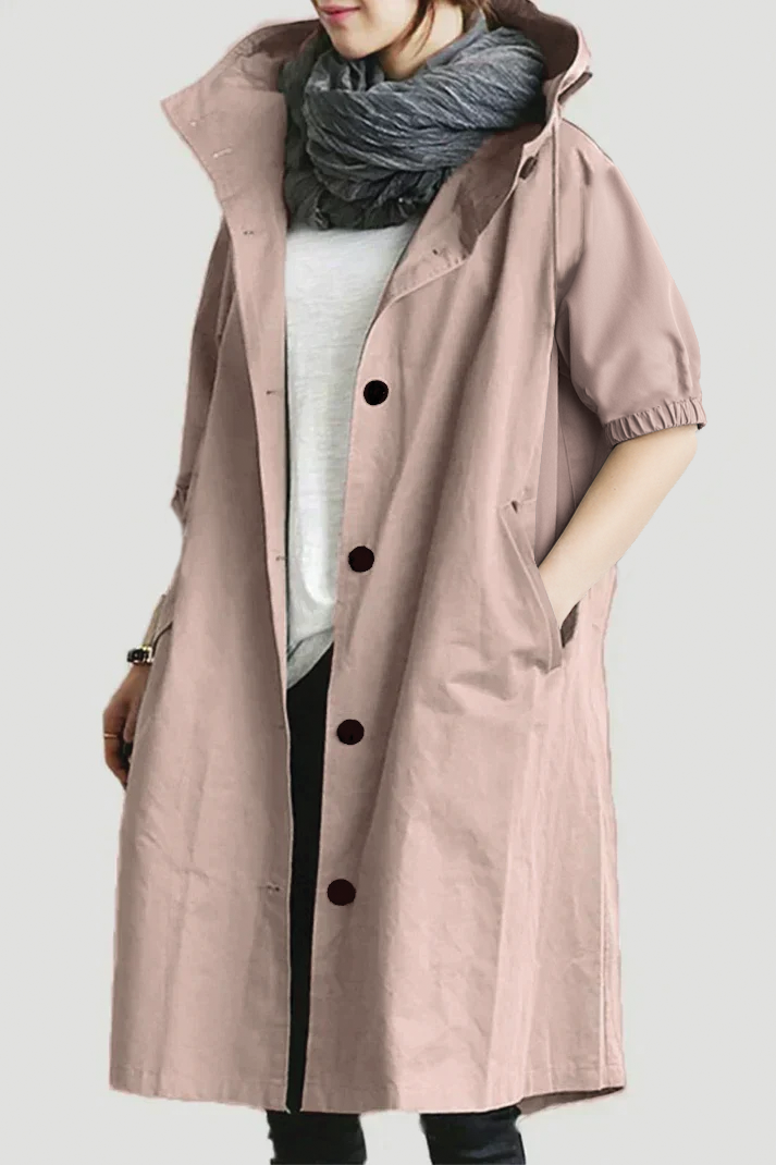 Relaxed Hooded Trench Coat with Puff Sleeves and Button Closure
