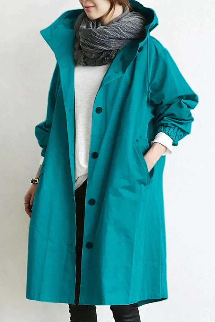 Relaxed Hooded Trench Coat with Puff Sleeves and Button Closure
