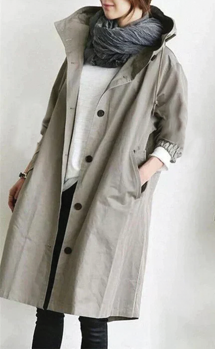 Relaxed Hooded Trench Coat with Puff Sleeves and Button Closure