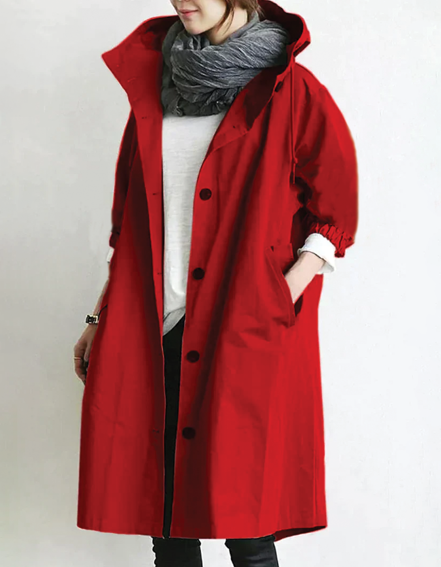 Relaxed Hooded Trench Coat with Puff Sleeves and Button Closure