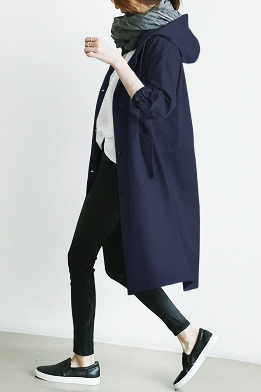 Relaxed Hooded Trench Coat with Puff Sleeves and Button Closure
