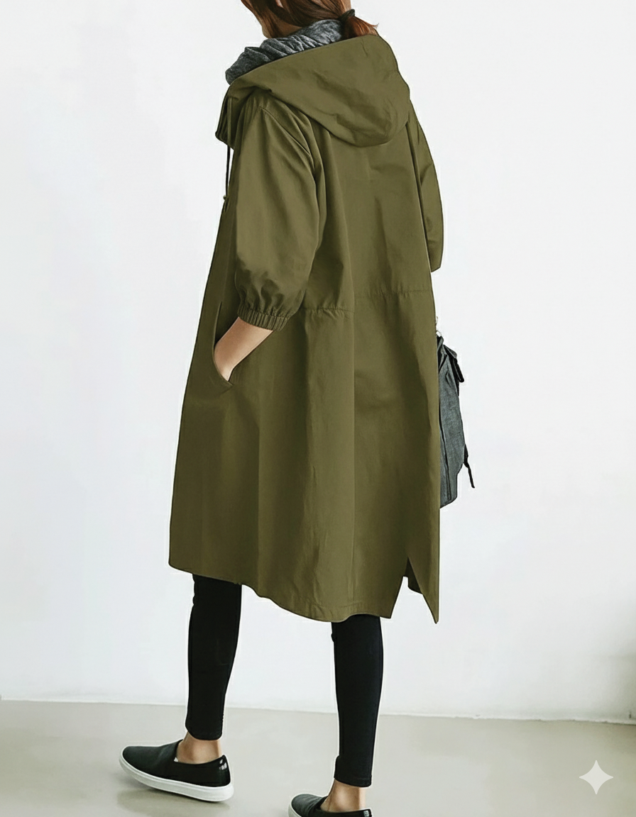 Relaxed Hooded Trench Coat with Puff Sleeves and Button Closure
