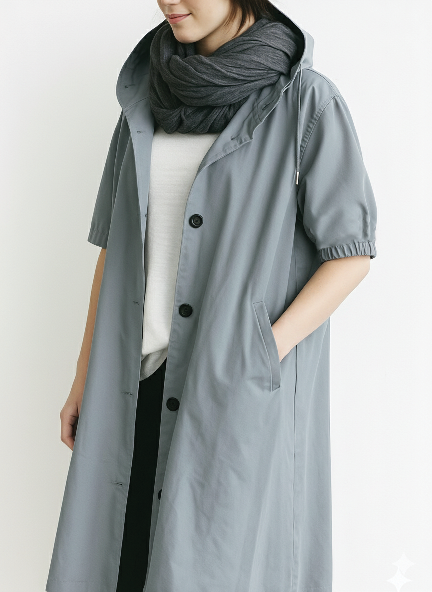 Relaxed Hooded Trench Coat with Puff Sleeves and Button Closure