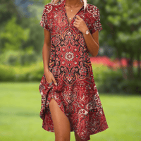 Rosemary | Boho Paisley Print V-Neck Midi Dress with Side Slit