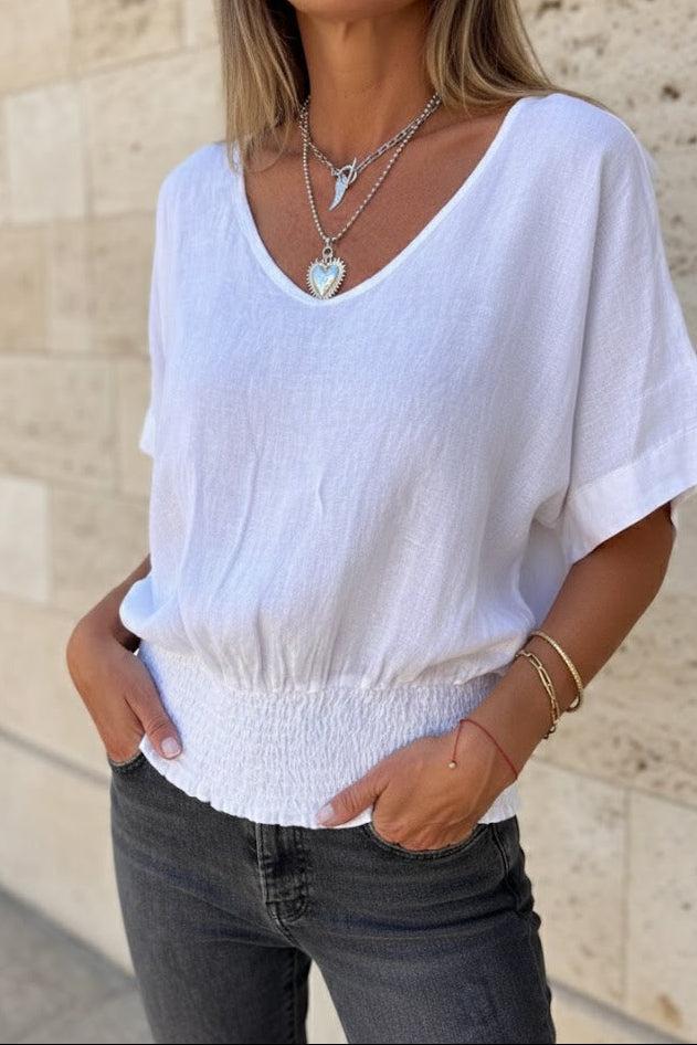 Sandra | Cotton-Linen Blend V-Neck Top with Smocked Hem