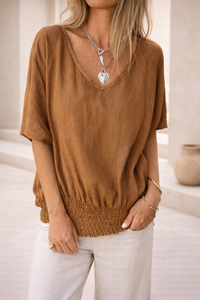 Sandra | Cotton-Linen Blend V-Neck Top with Smocked Hem