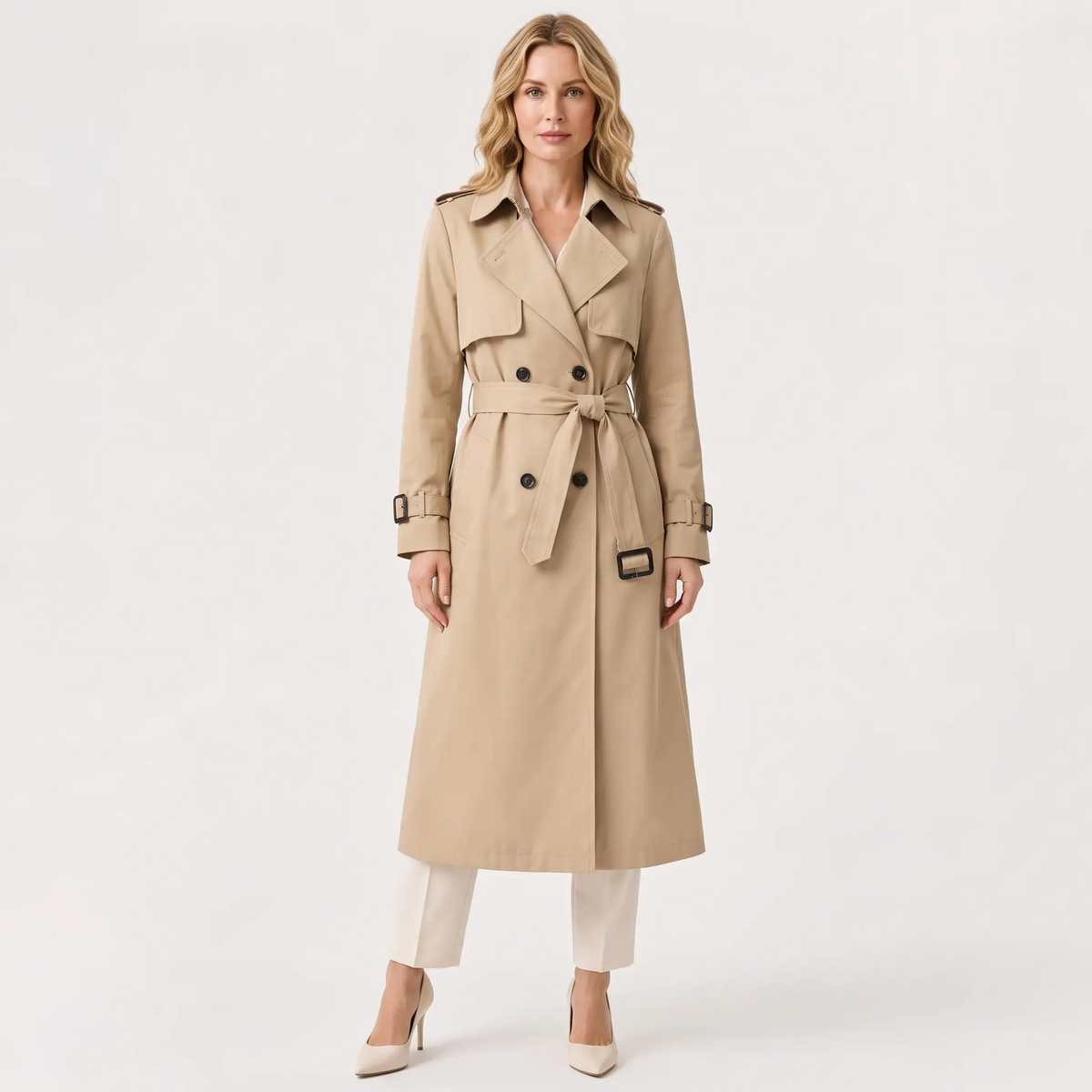 A woman modeling a classic beige trench coat with a matching waist belt, paired with white pants and beige heels, against a plain white studio background.