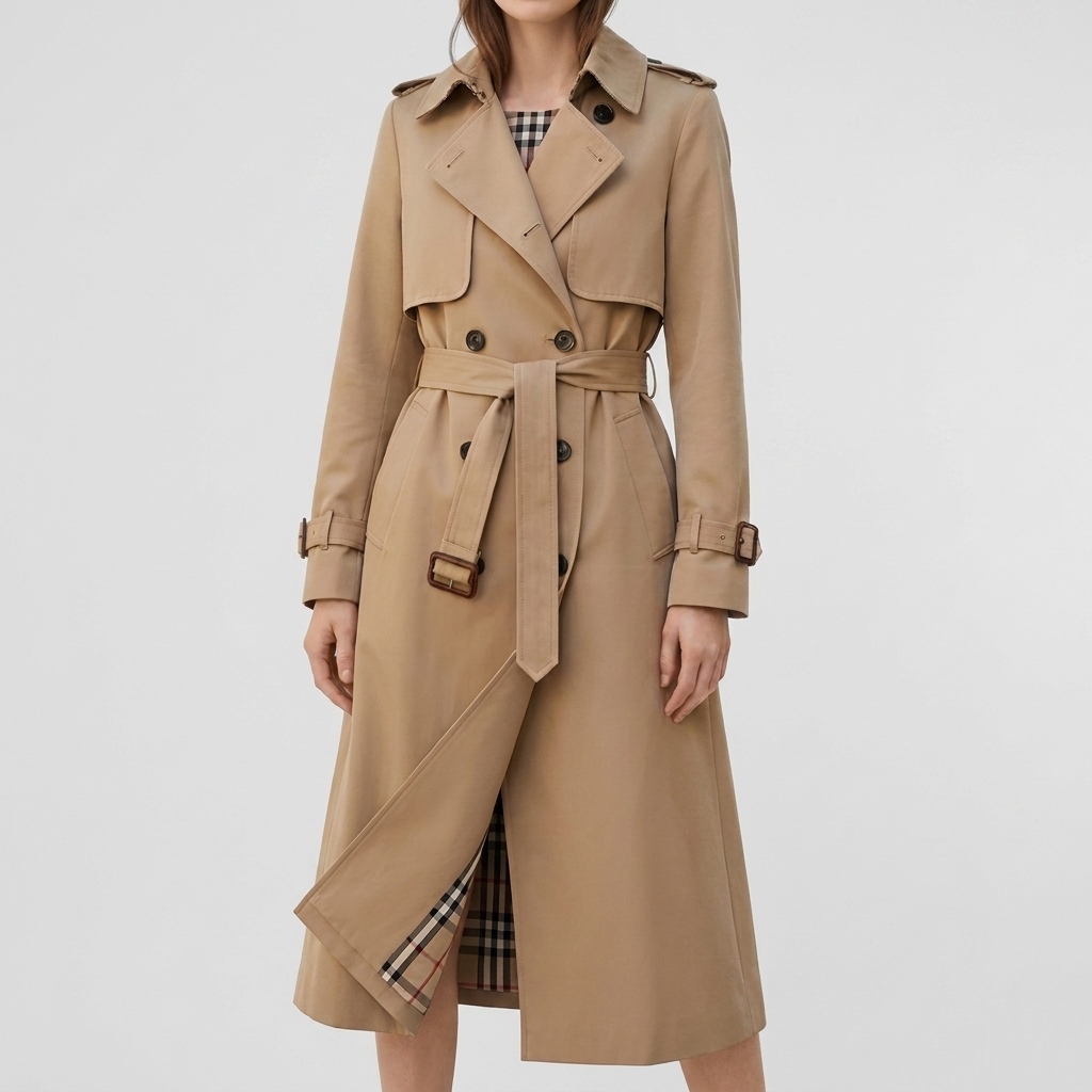 Women's long double-breasted trench coat with checked lining peeking at the hem.