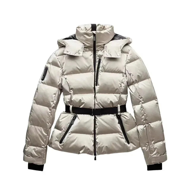 Womens Belted Puffer Jacket with Hood and High Collar