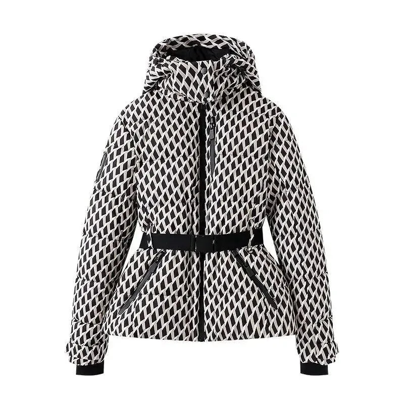 Womens Belted Puffer Jacket with Hood and High Collar