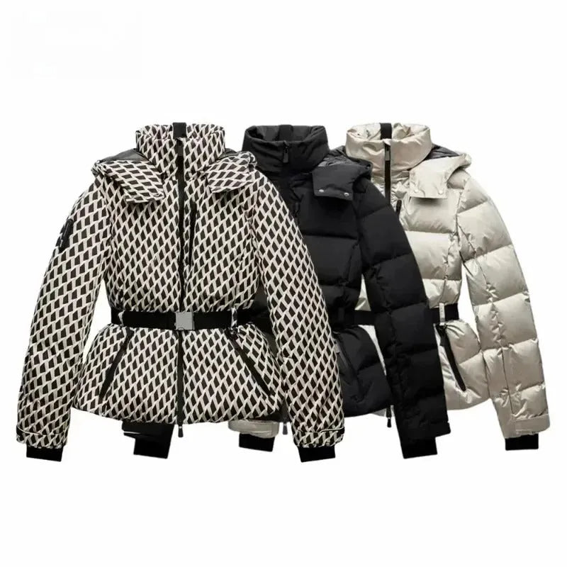 Womens Belted Puffer Jacket with Hood and High Collar