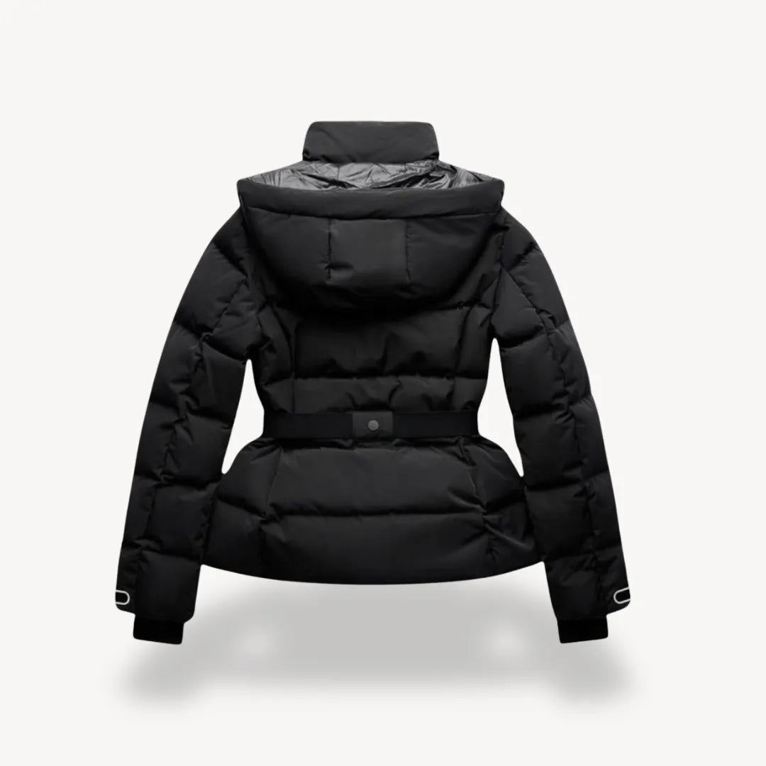 Womens Belted Puffer Jacket with Hood and High Collar