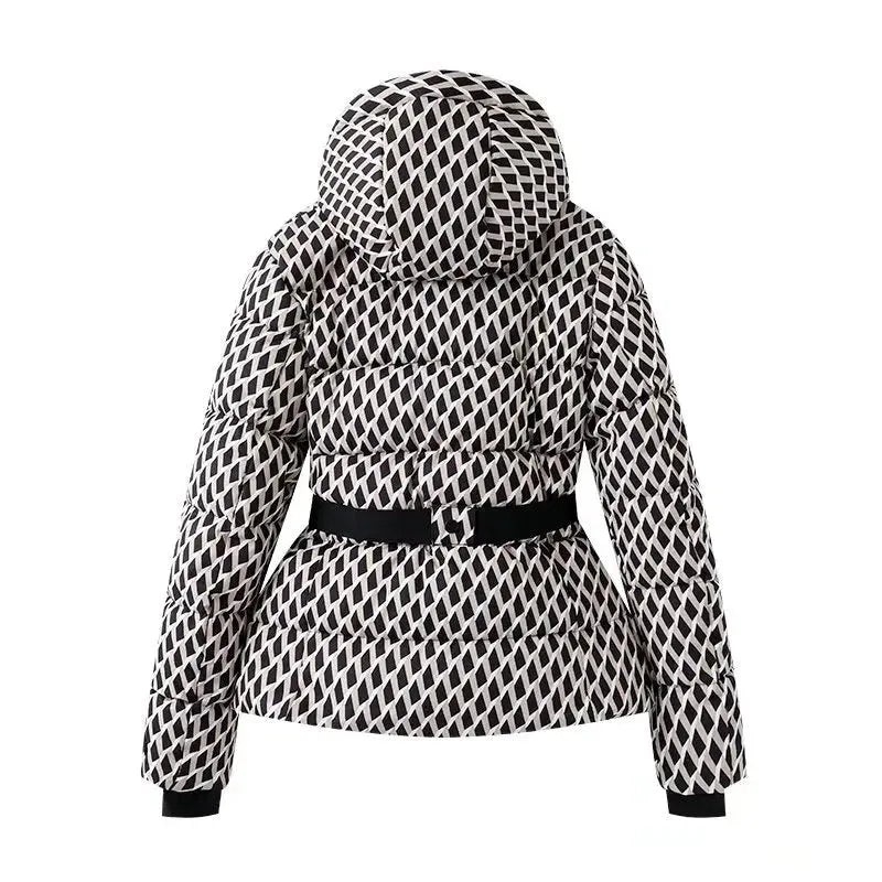 Womens Belted Puffer Jacket with Hood and High Collar