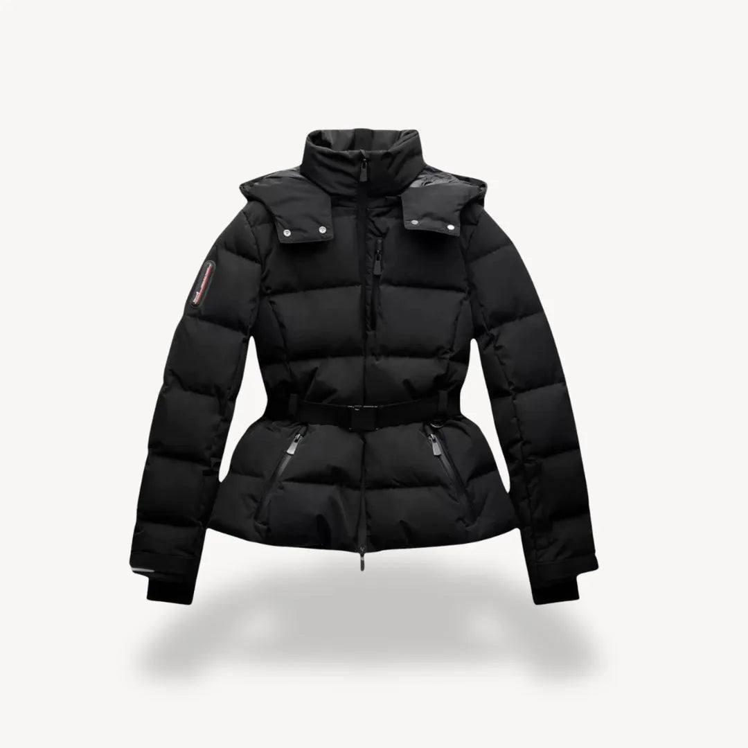 Womens Belted Puffer Jacket with Hood and High Collar