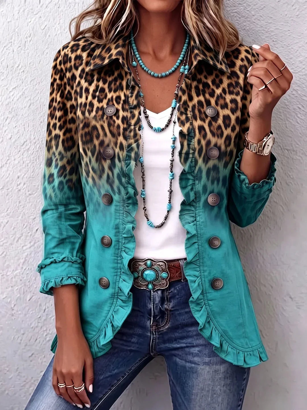 Women's Boho Ruffled Jacket with Point Collar