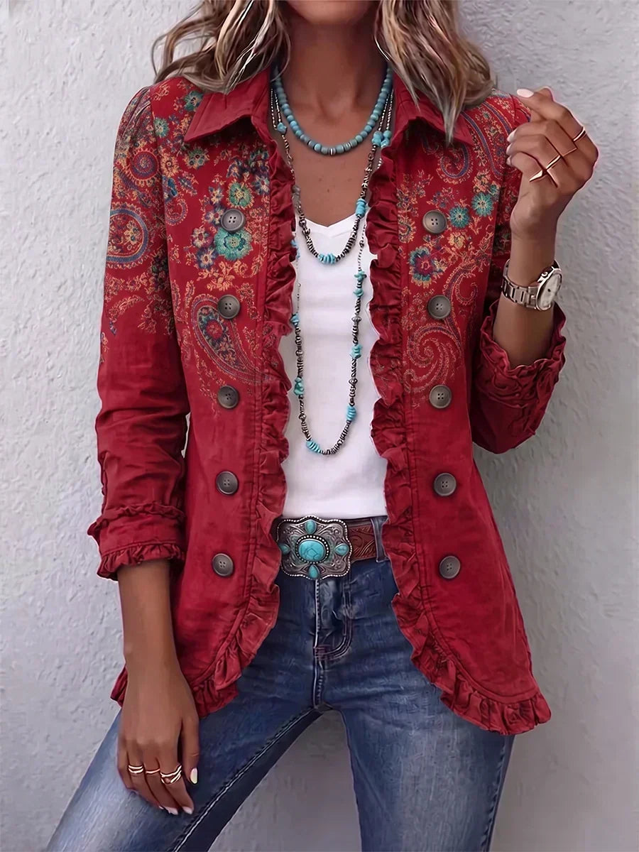 Women's Boho Ruffled Jacket with Point Collar