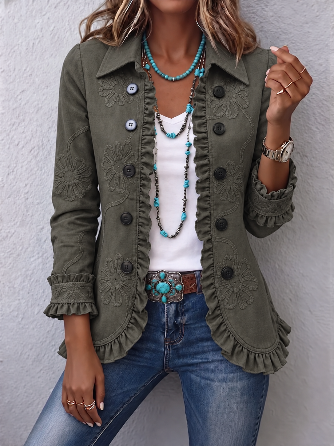 Women's Boho Ruffled Jacket with Point Collar