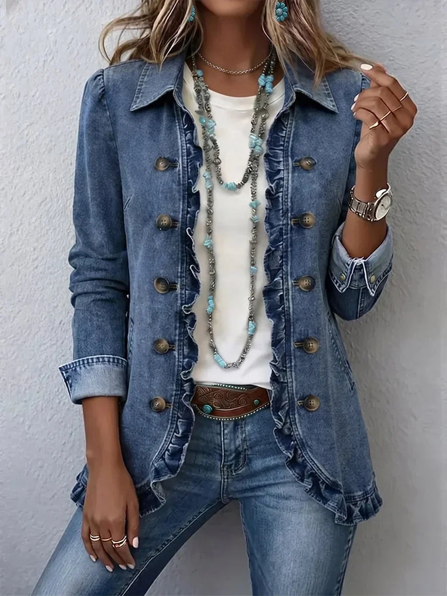 Women's Boho Ruffled Jacket with Point Collar