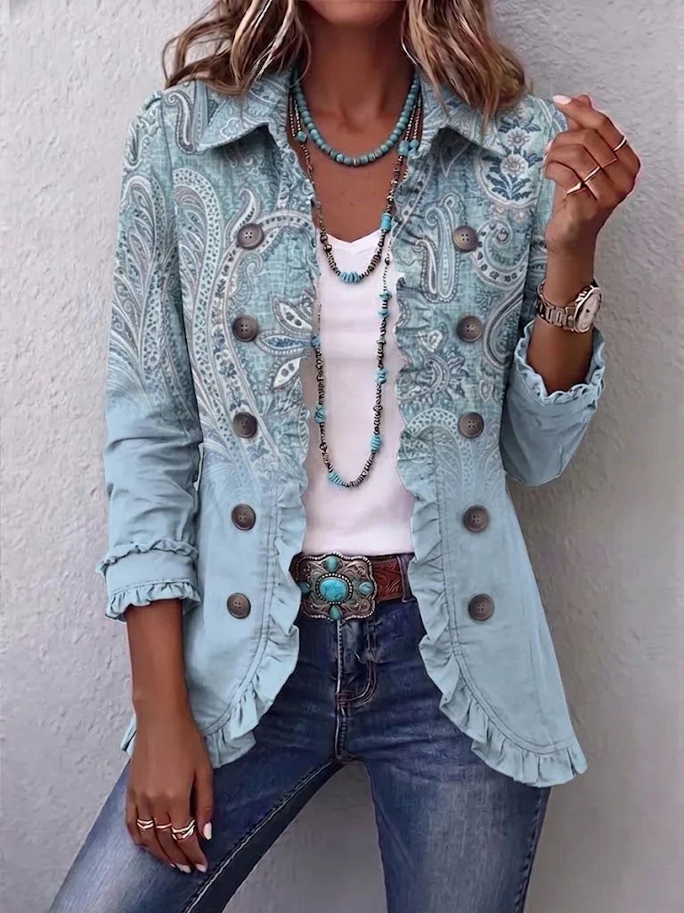Women's Boho Ruffled Jacket with Point Collar