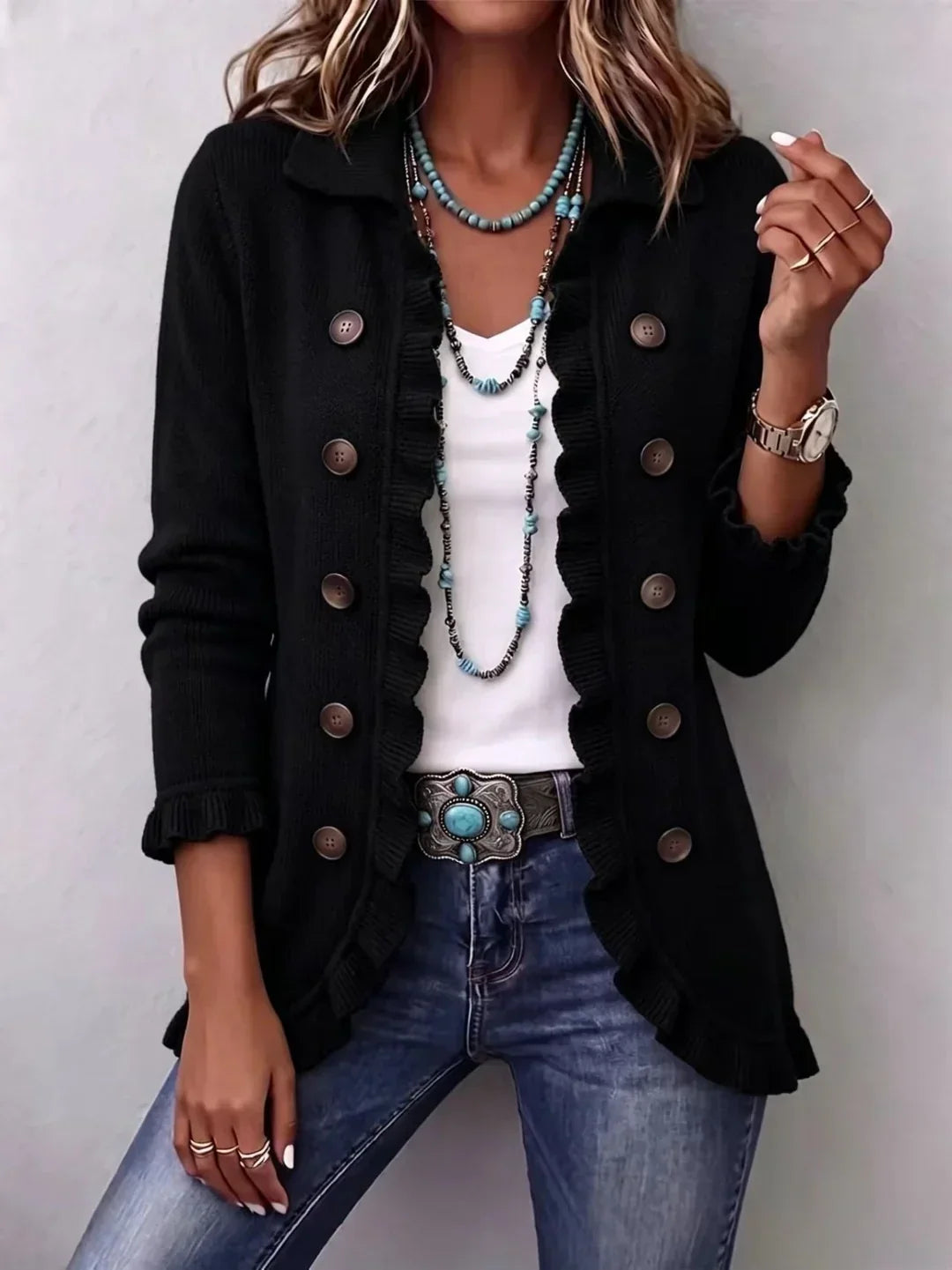 Women's Boho Ruffled Jacket with Point Collar