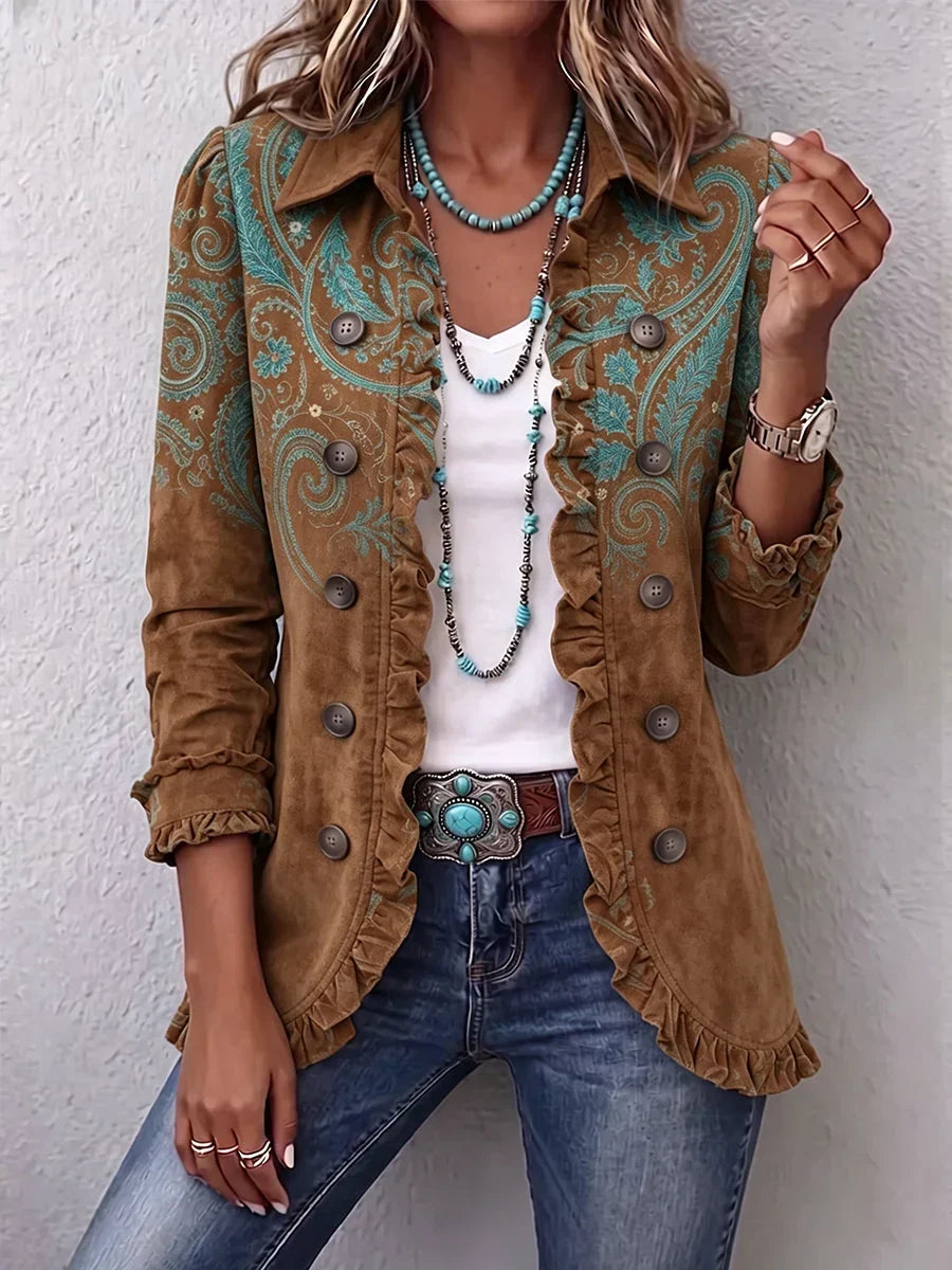 Women's Boho Ruffled Jacket with Point Collar