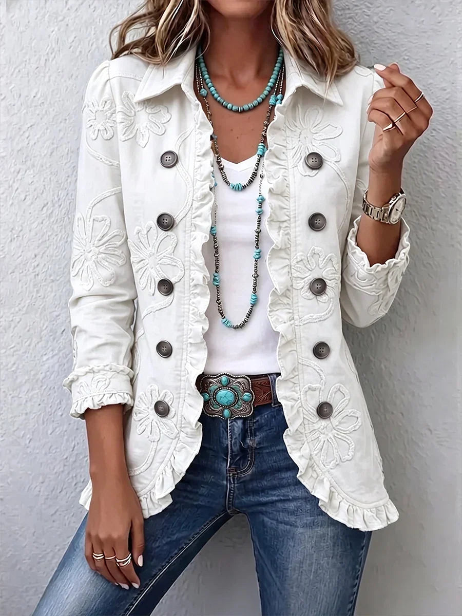 Women's Boho Ruffled Jacket with Point Collar