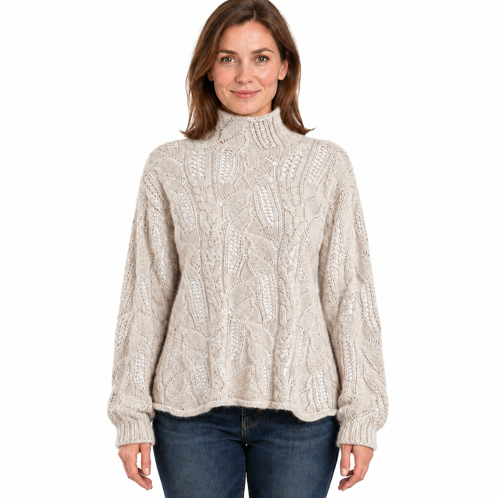 Women's Cable Knit Turtleneck Jumper with Pointelle Detail