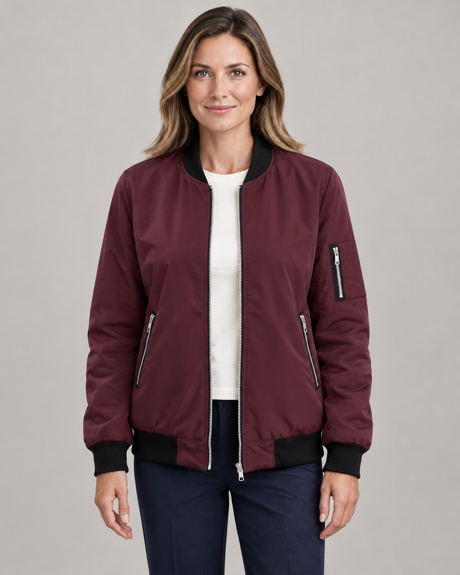 Women's Classic Bomber Jacket with Contrast Ribbed Trim and Zip Pockets