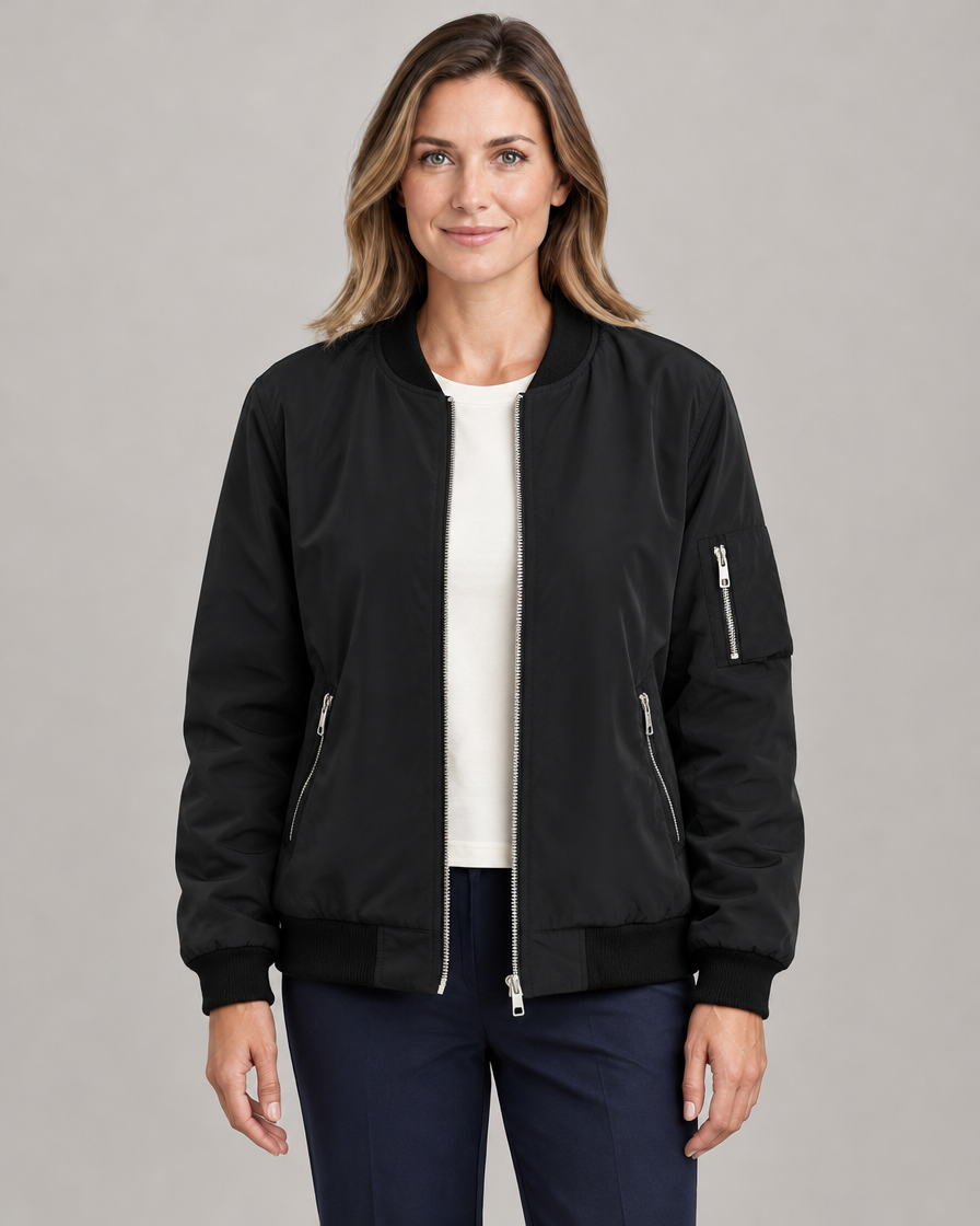 Women's Classic Bomber Jacket with Contrast Ribbed Trim and Zip Pockets